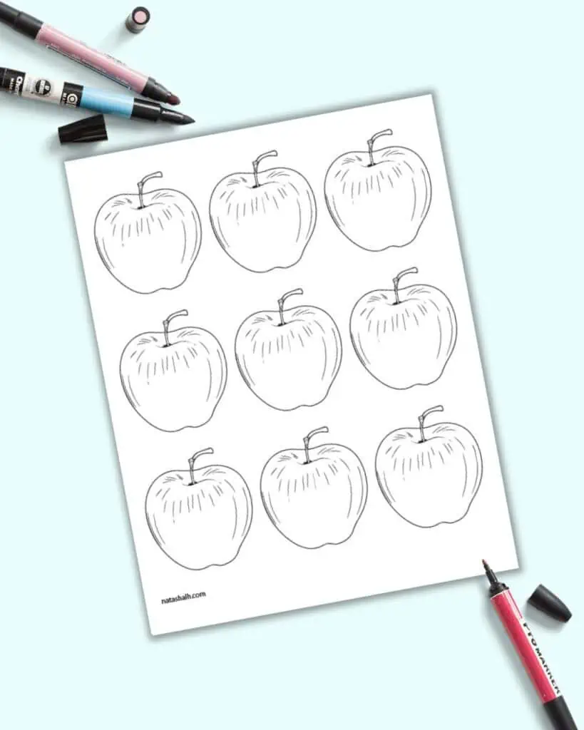 A preview of nine small apple templates on one page. The apples have a 3D appearance.