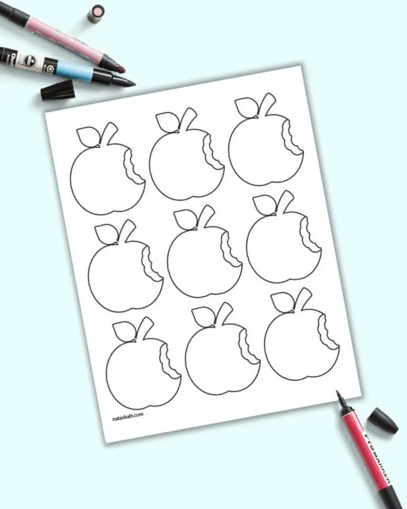 A preview of nine small apple templates on one page. Each apple has a bite taken out of it.