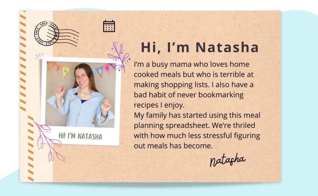 A mockup of a post card with text. "I’m a busy mama who loves home cooked meals but who is terrible at making shopping lists. I also have a bad habit of never bookmarking recipes I enjoy.
