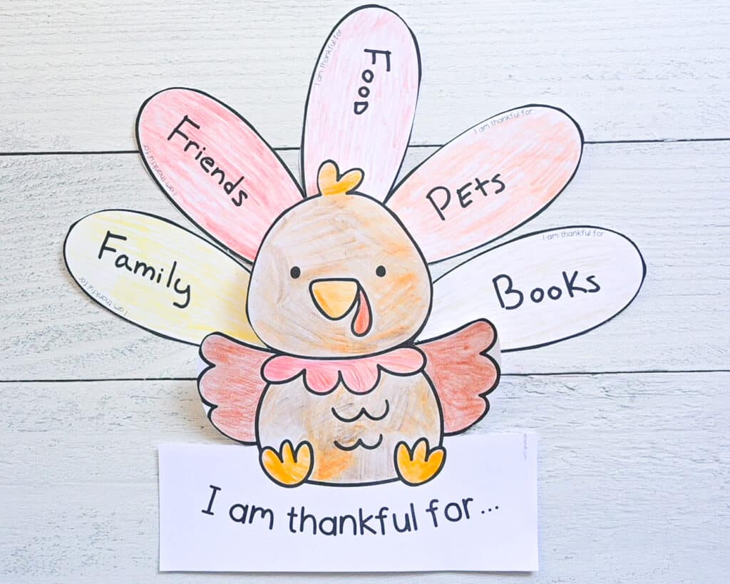 A colored and cut out Thanksgiving thankful turkey craft. Words like "food" and "family" are written on each tail feather.