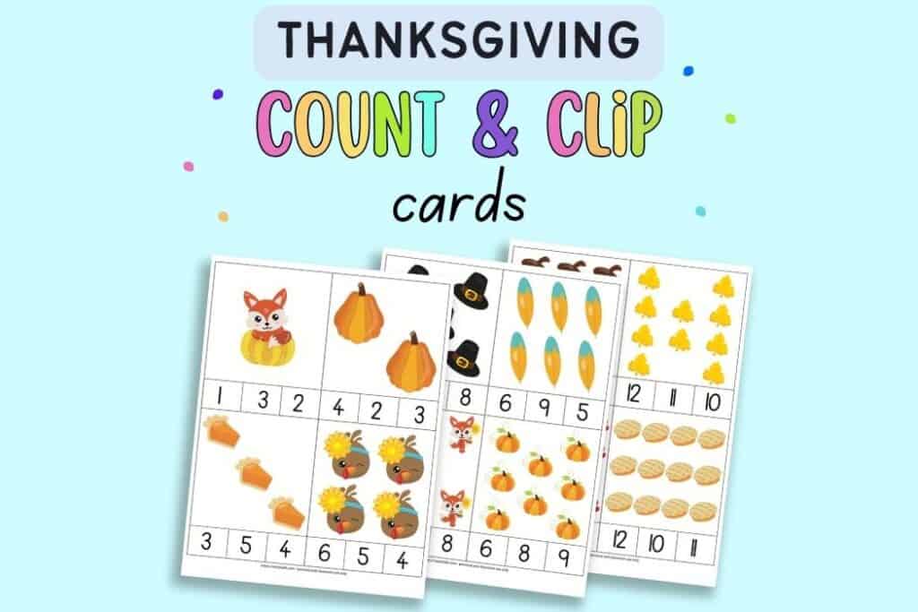 Text "thanksgiving round and clip cards" with a preview of three pages with four Thanksgiving themed count and clip cards per page