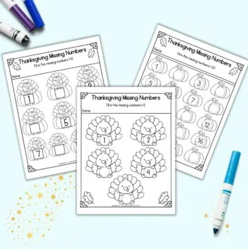 A preview of three Thanksgiving themed fill in the missing number worksheets. One has numbers 1-5, another 1-10, and the third 1-20.