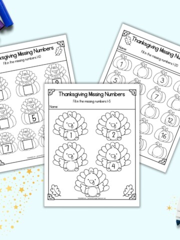 A preview of three Thanksgiving themed fill in the missing number worksheets. One has numbers 1-5, another 1-10, and the third 1-20.