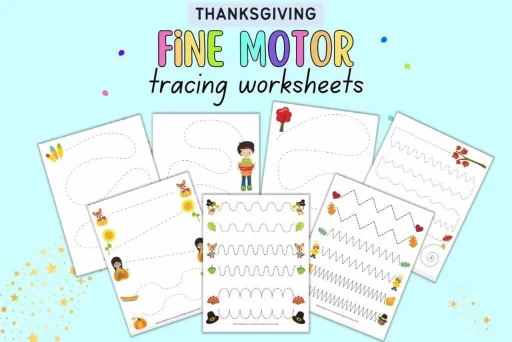 Text "fine motor tracing worksheets" with a preview of seven fine motor tracing worksheets for preschoolers