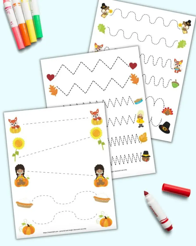 A preview of three pages of Thanksgiving themed fine motor worksheet with straight, wavy, and zig zag lines
