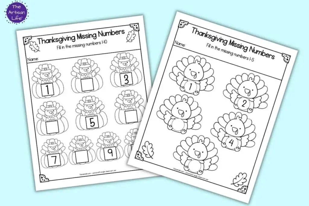A preview of two Thanksgiving themed fill in the missing number worksheets. One has numbers 1-5 and the other 1-10.