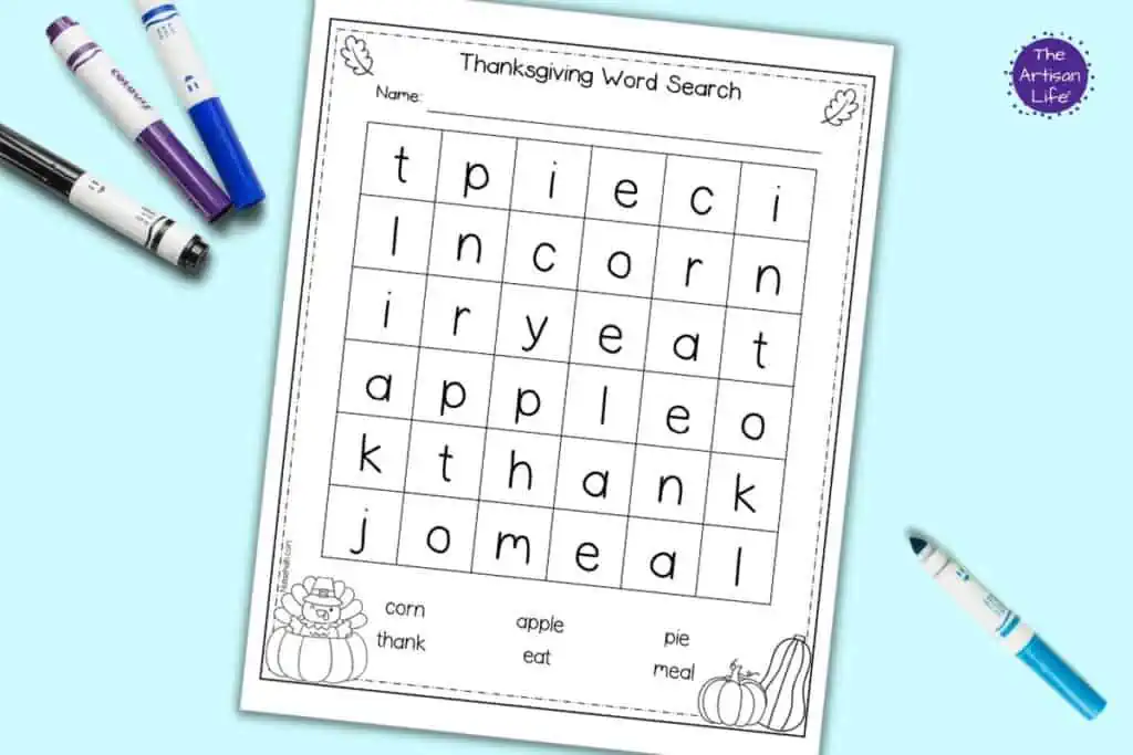 A preview of an easy Thanksgiving themed word search for kindergartners