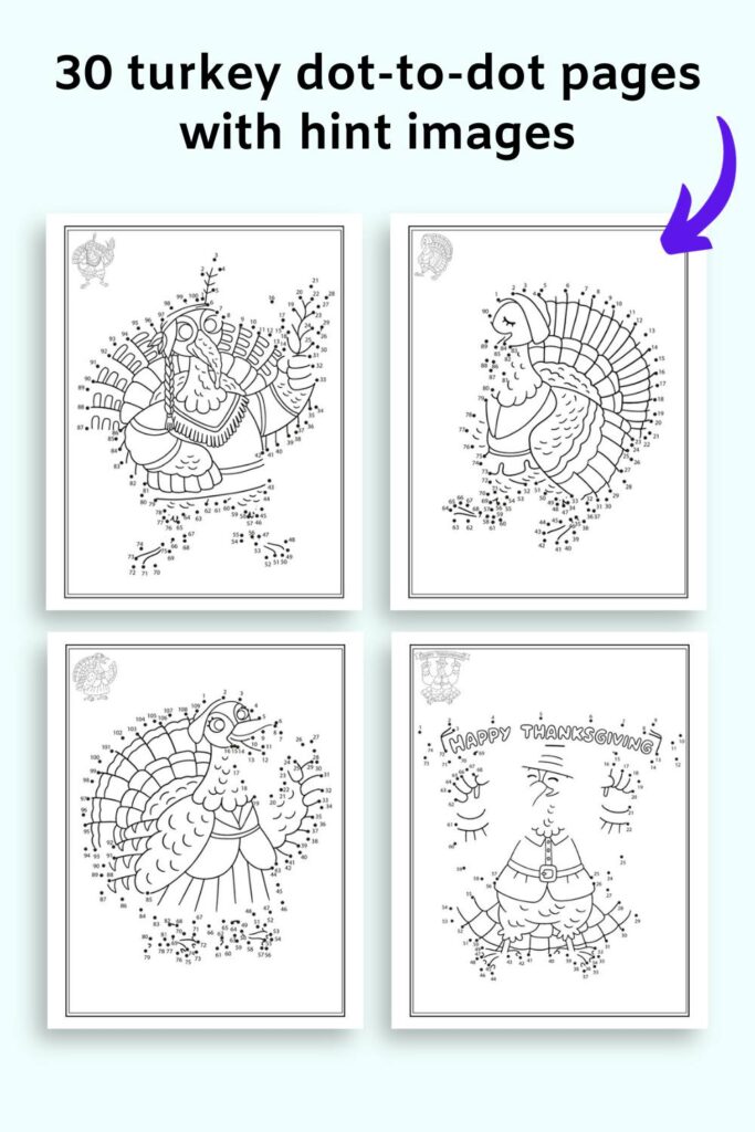 Text "30 turkey dot-to-dot pages with hint images"