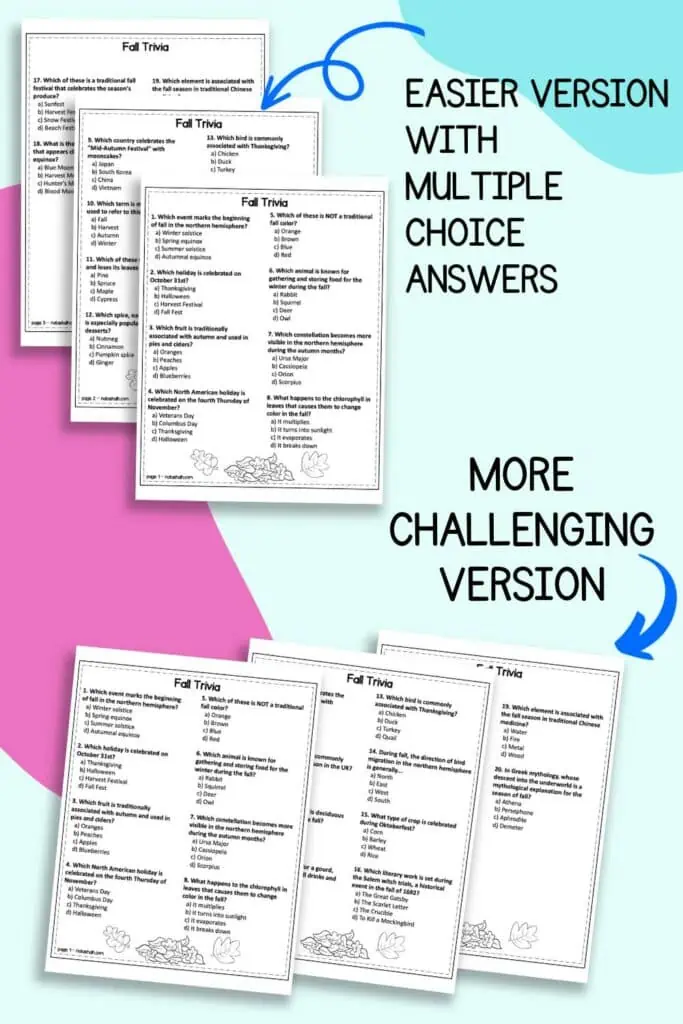 Text "easier version with multiple choice answers" and "more difficult version" with six different pages of trivia page printable. 