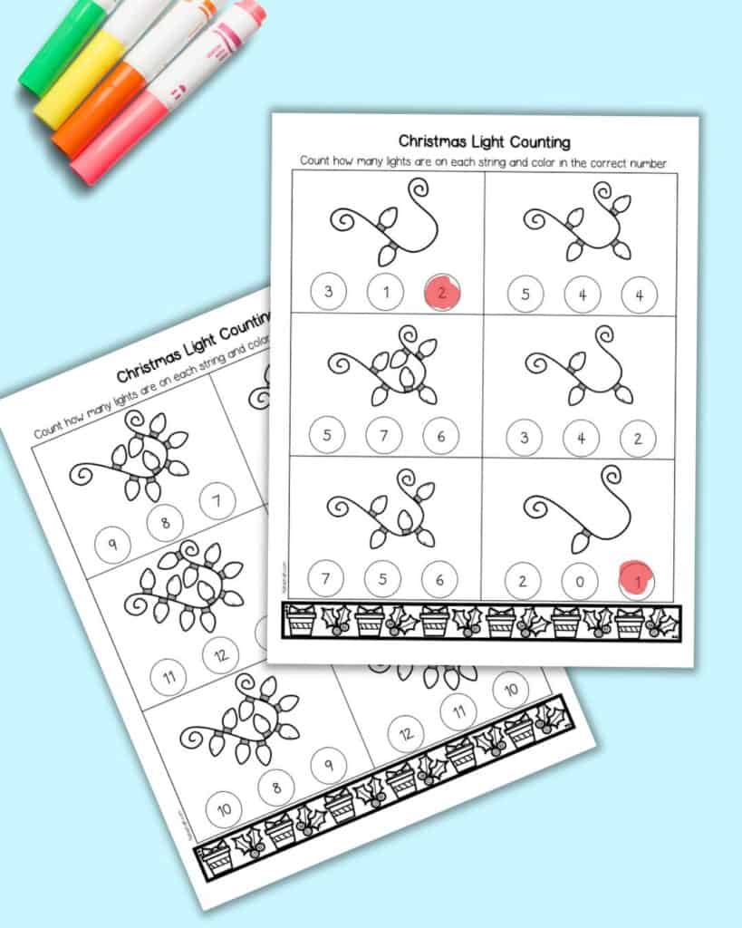 text "printable Christmas lights counting worksheets" with a  preview of two counting worksheets with numbers 1-12. The spots for 1 and 2 are filled in with red