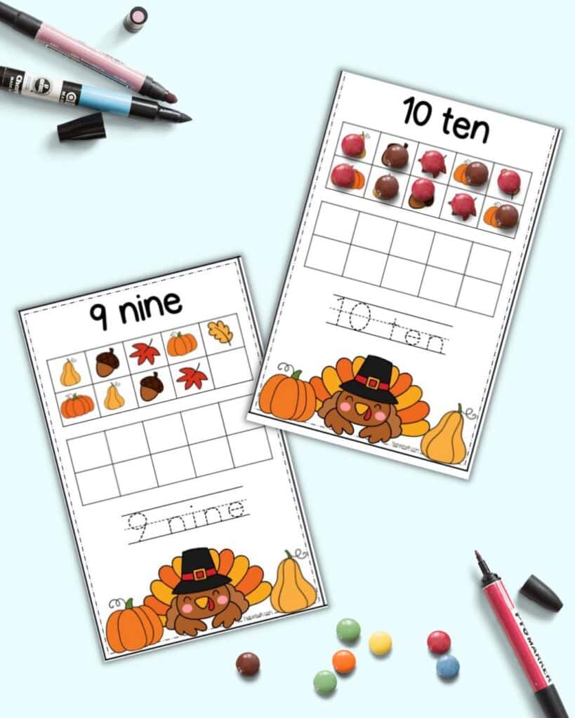 Two double ten frame cards with a Thanksgiving theme. One shows 9 and the other 10. The ten frame has small candies filling in the appropriate boxes.