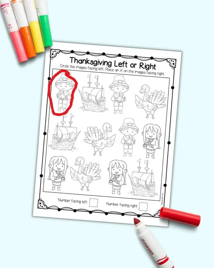 A partially completed Thanksgiving themed left or right worksheet with a Pilgrim boy facing left circled in red.
