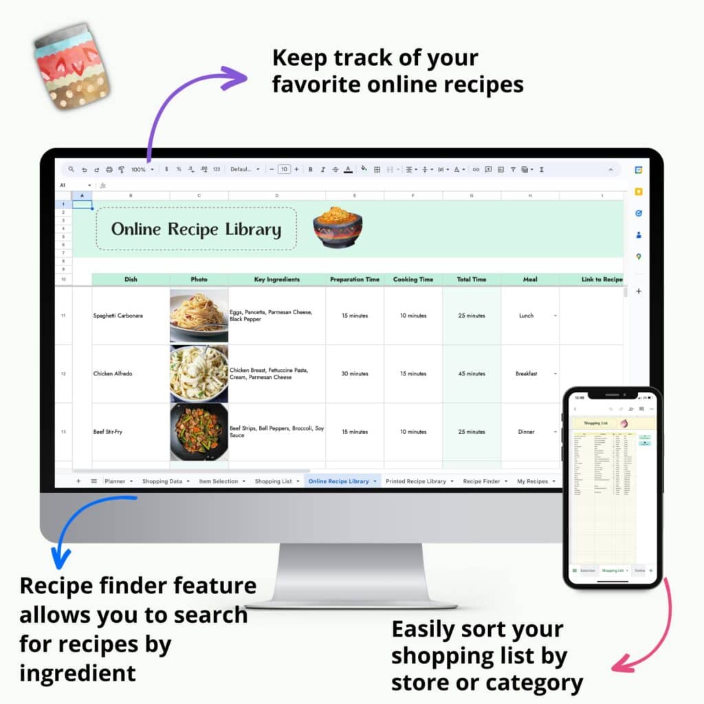 Text "keep track of your favorite online recipes. Recipe finder feature allows you to search for recipes by ingredient. Easily sort your shopping list by store or category"
