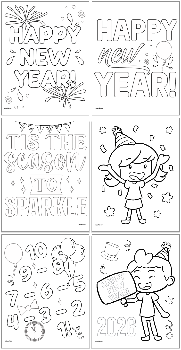 six new year's coloring pages for kids
