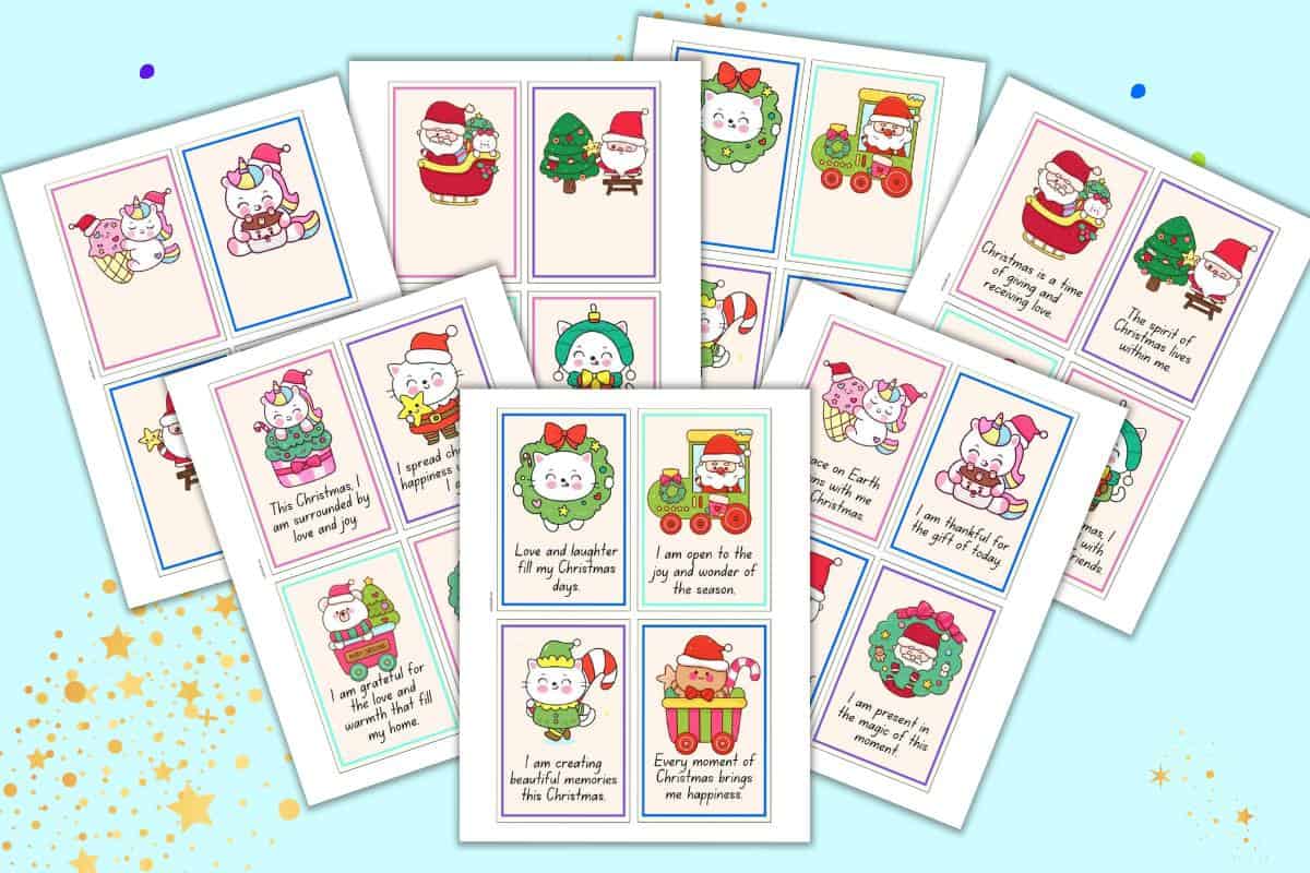 A preview of seven pages of Christmas affirmation card printable. Each page has four affirmation cards and cute Christmas clip art.