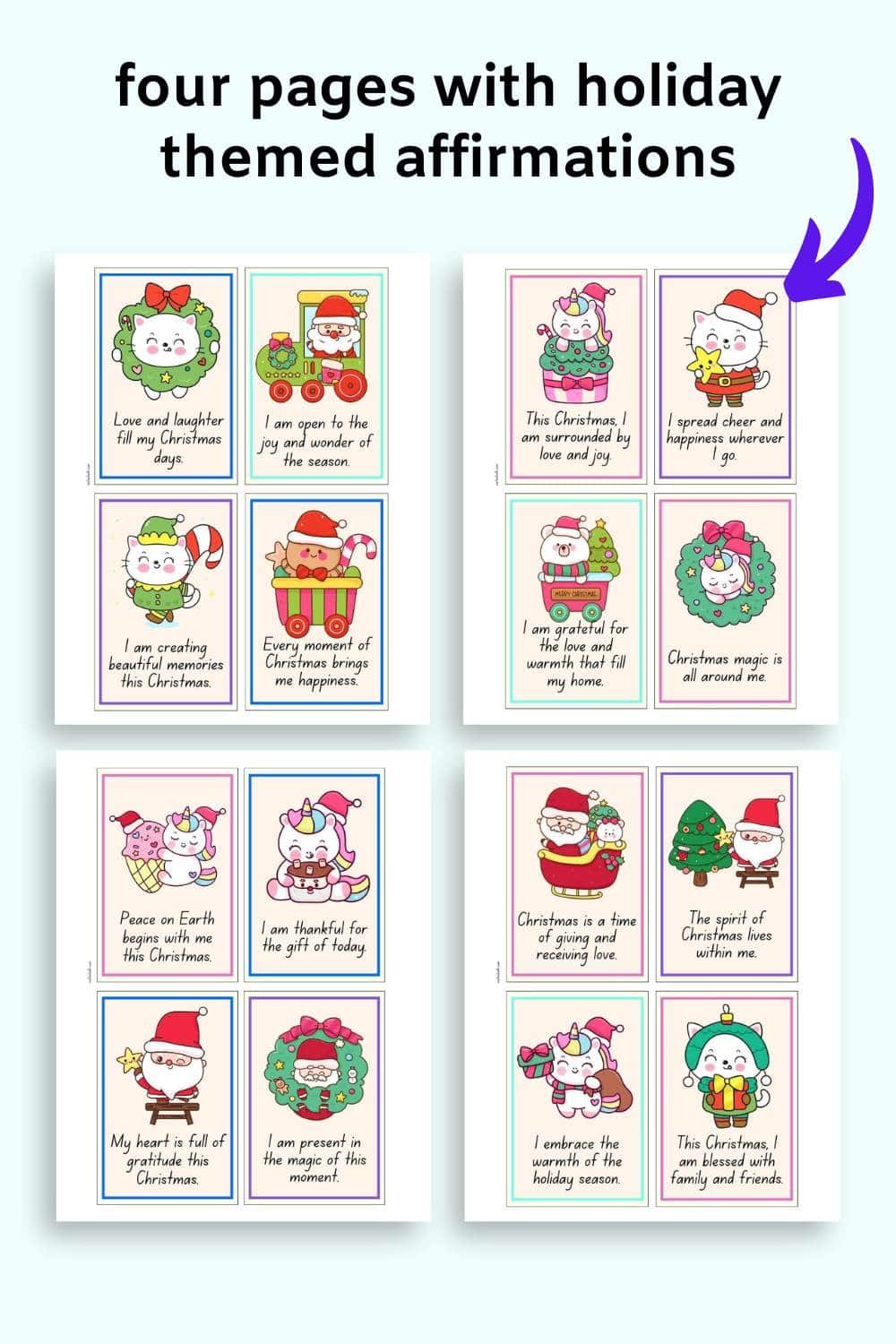 Text "four pages with holiday themed affirmations" and a preview of four pages of printable affirmation card with four cards per page 