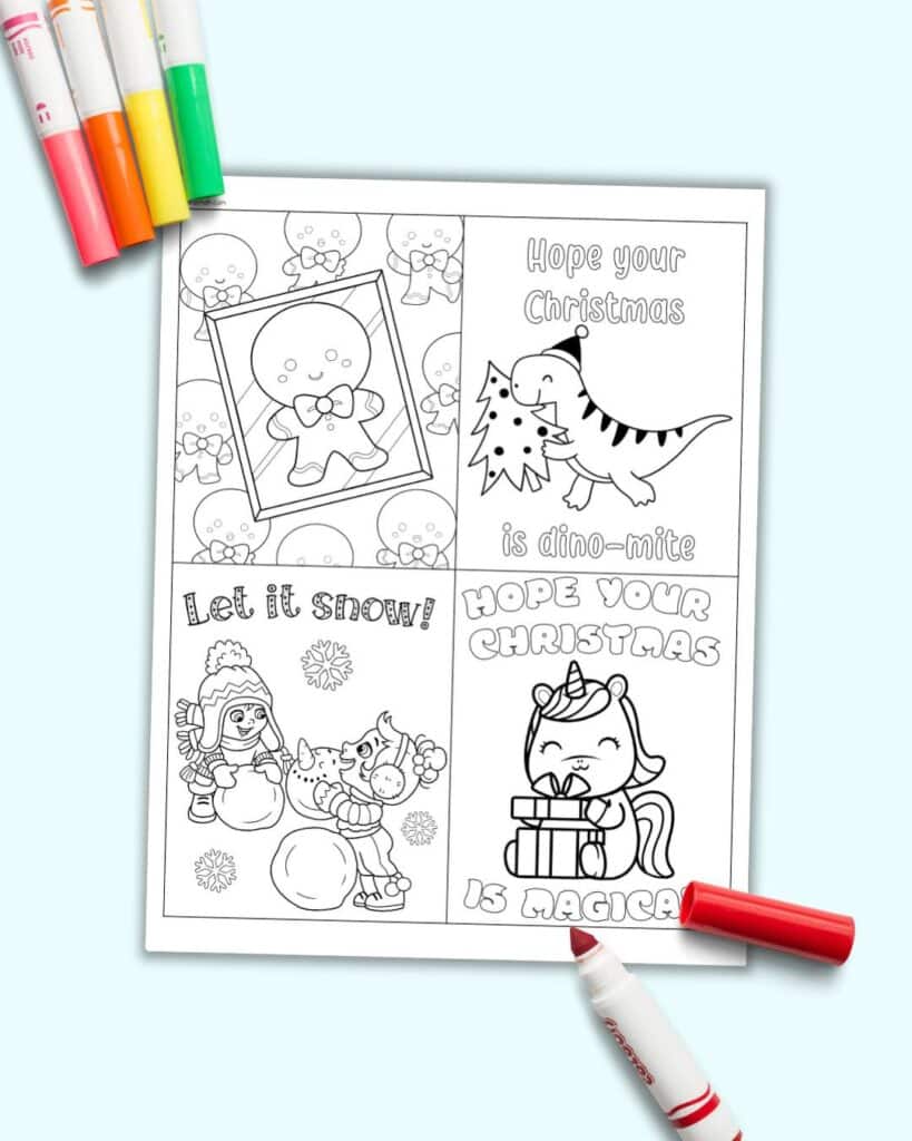 A preview of four Christmas cards to color. One has gingerbread men, another has a dinosaur, another has children building a snowman, and a Christmas unicorn
