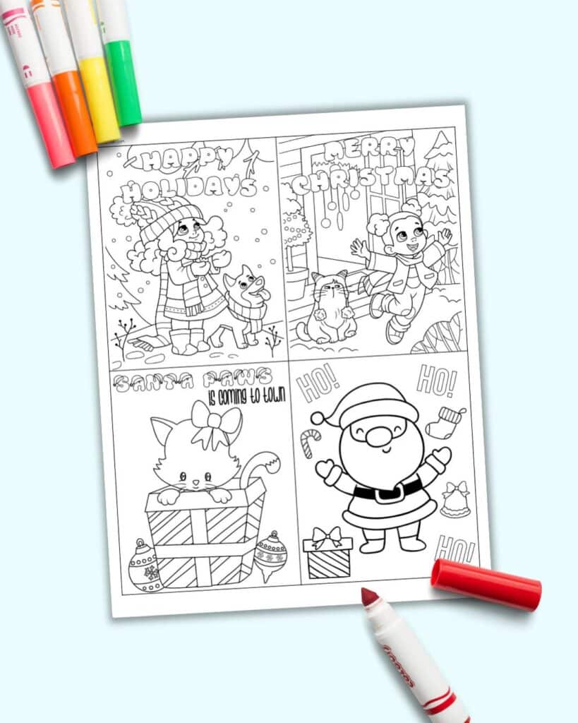 A preview of four Christmas cards to color. One reads happy holidays, another Merry Christmas, a third Santa Paws is coming to town, and the final one says ho! ho! ho!