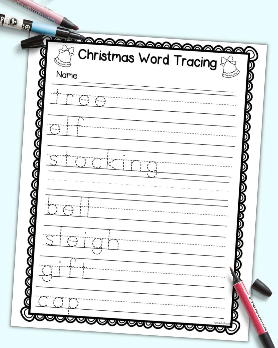 A preview of a Christmas word tracing worksheet with seven words in a dotted font to trace