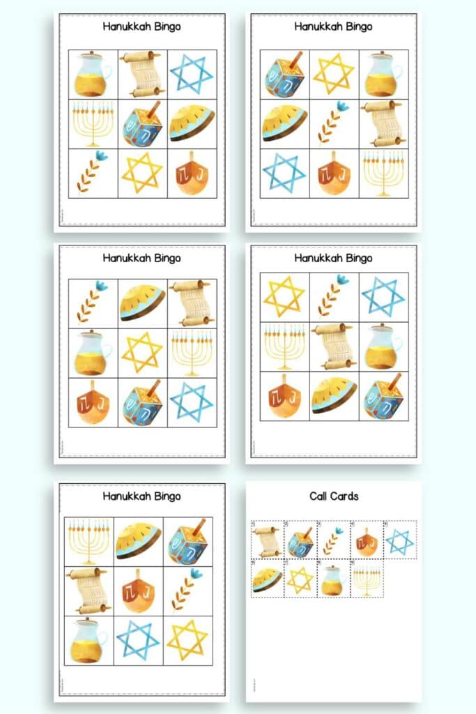A preview of five 3x3 Hanukkah picture bingo boards and a page of call cards to print