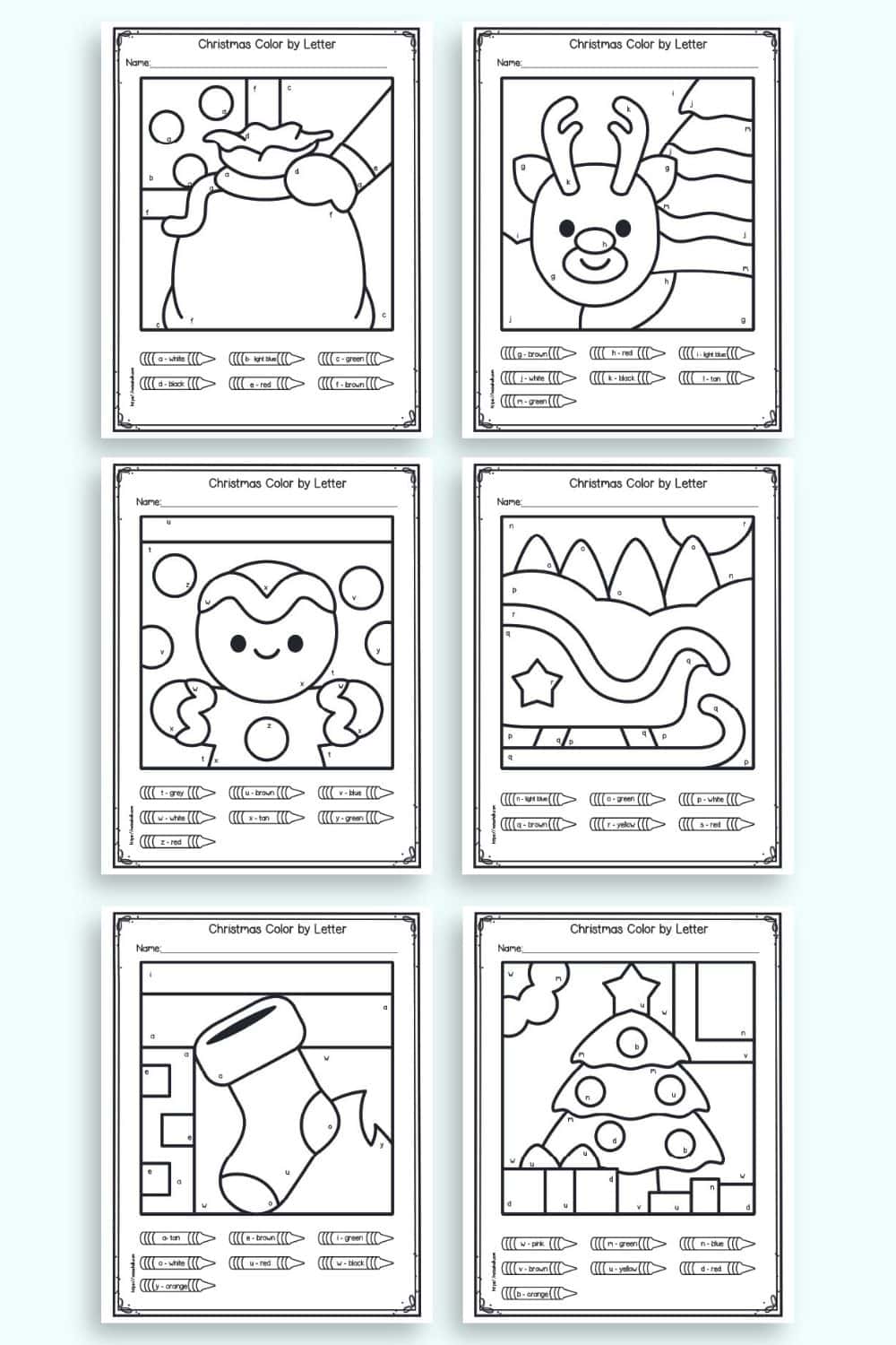 A preview of six Christmas themed color by letter worksheets for preschool and kindergarten.