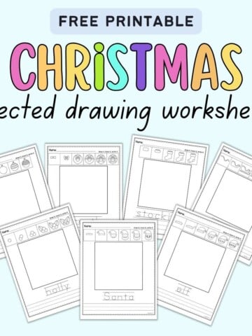 Text "free printable Christmas directed drawing worksheets" with a preview of seven directed drawing worksheets