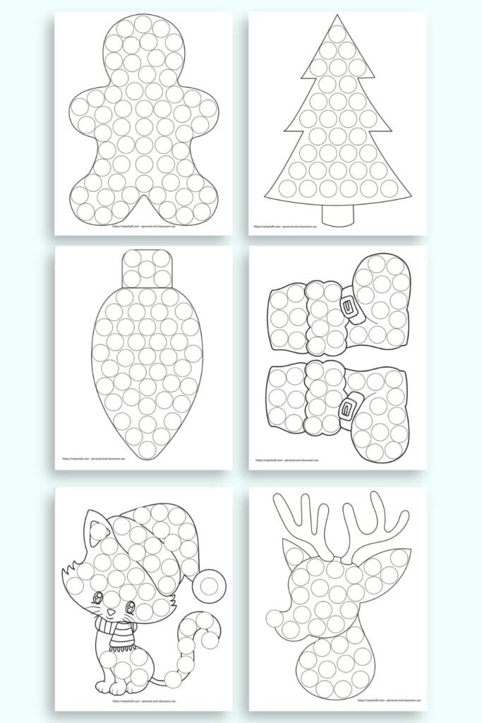 A preview of six Christmas themed dot marker coloring pages