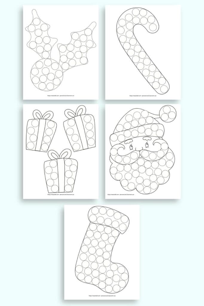 A preview of five Christmas themed dot marker coloring pages