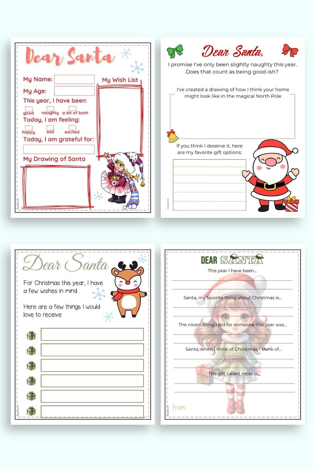 A preview of six Santa letter templates with spaces for a child to fill in the blank. 