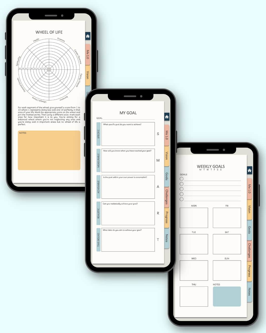 Preview of there pages from a digital smartphone planner including a wheel of life evaluation, goals planner, and weekly goals planner