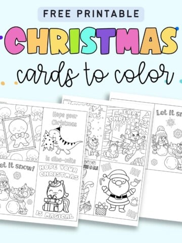 Text "free printable Christmas cards to color" with a preview of three pages of printable Christmas coloring card