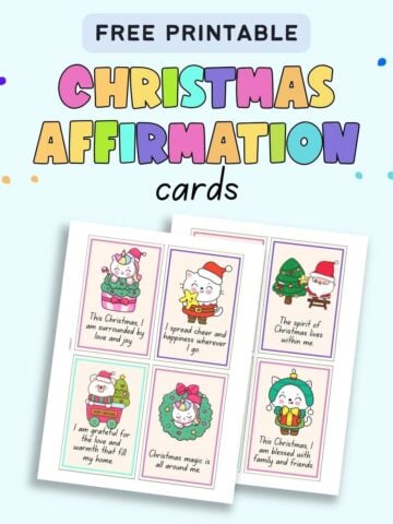 Text "free printable Christmas affirmation cards" with a preview of two pages of printable affirmation cards with cute Christmas clip art