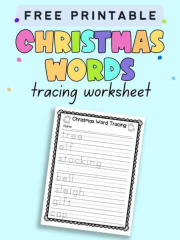 text "free printable Christmas words tracing worksheet" with a preview of a kindergarten tracing worksheet with seven Christmas vocabulary words