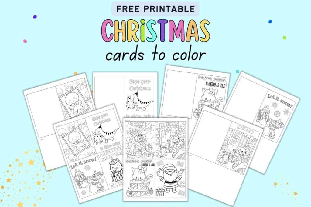 Text "free printable Christmas cards to color" with a preview of seven pages of free printable Christmas coloring cards for kids
