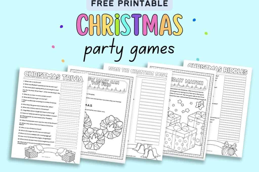 Text "free printable Christmas party games" with a  preview of five printable games