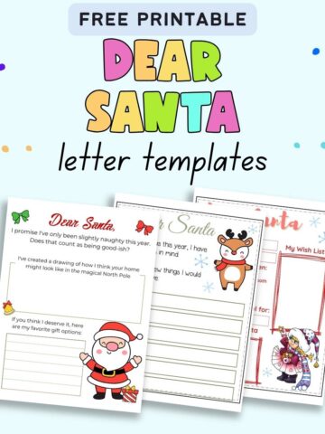 Text "free printable Dear Santa letter templates" with a preview of three fill in the blank Santa letters