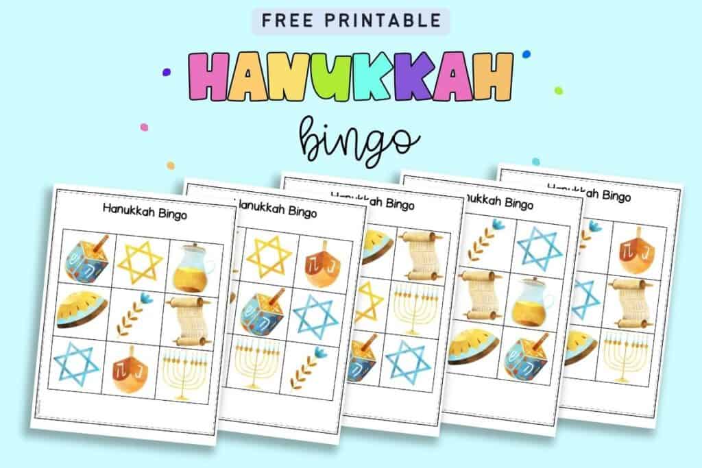 Text "free printable Hanukkah bingo" with a view of five 3x3 Hanukkah bingo boards
