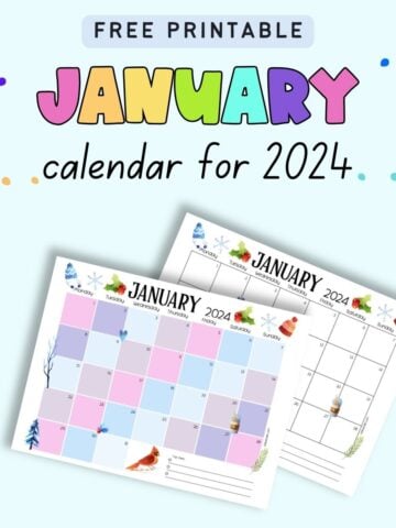 Text "free printable January calendar for 2024" with a preview of two dated January calendars for 2024