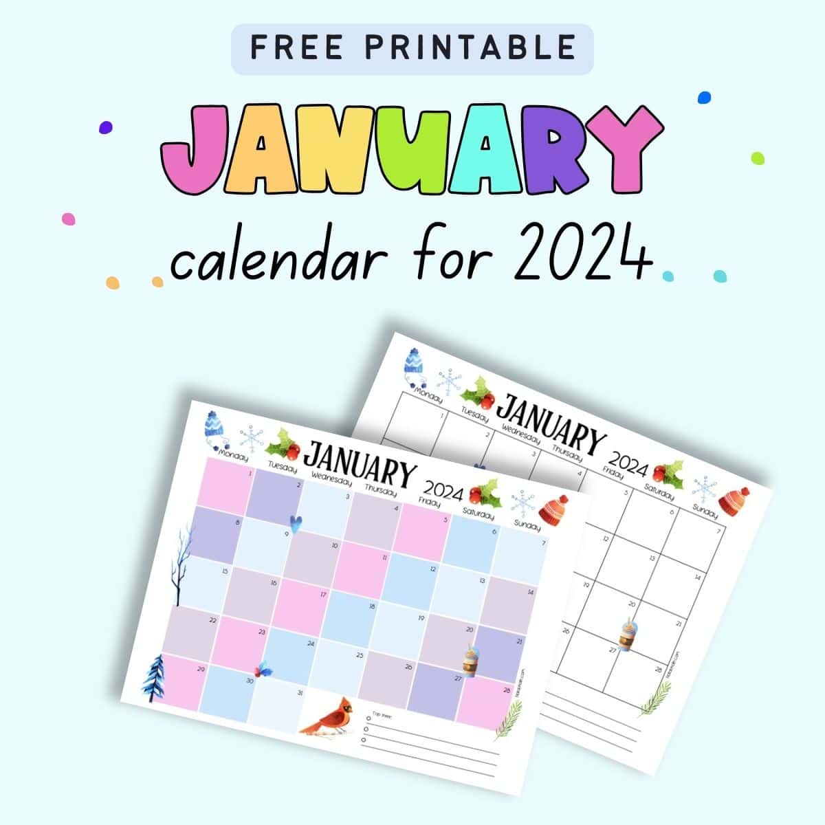 Text "free printable January calendar for 2024" with a preview of two dated January calendars for 2024