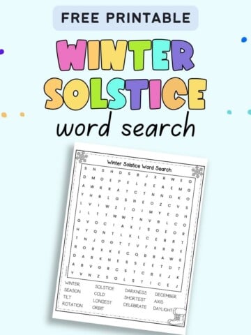 Text "free printable winter solstice word search" with a preview of a word search with winter themed words