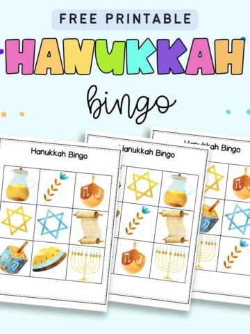 Text "free printable Hanukkah bingo" with a view of three 3x3 Hanukkah bingo boards