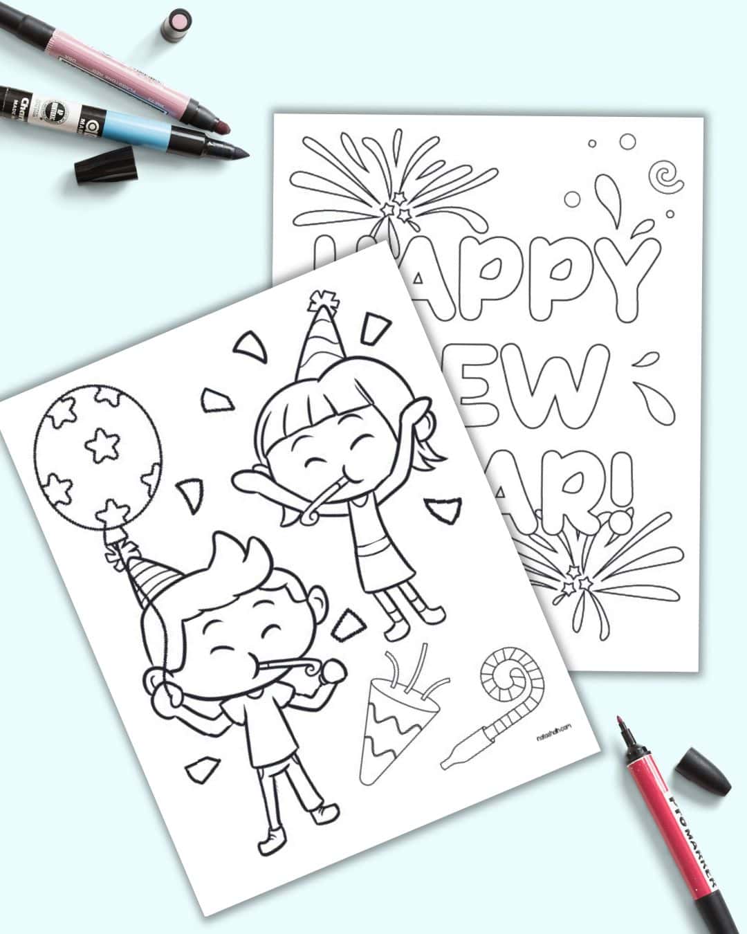 A preview of two New Year themed coloring pages for kids. One has two children blowing horns and the other page has the text "Happy Next Year!" with fireworks