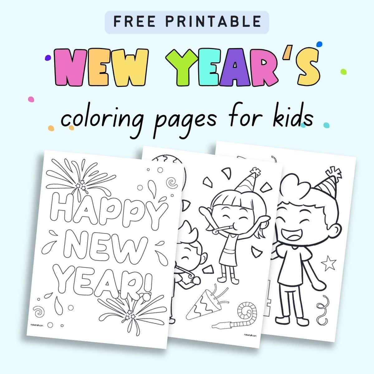 text "free printable New Year's coloring pages for kids" with a preview of three Happy New Year coloring pages
