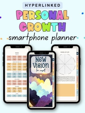 Text "hyperlinked personal growth smartphone planner" with a preview of there pages from a personal growth digital planner