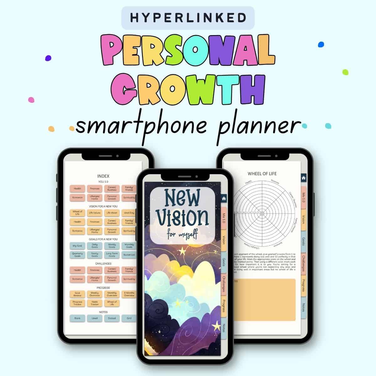Text "hyperlinked personal growth smartphone planner" with a preview of there pages from a personal growth digital planner
