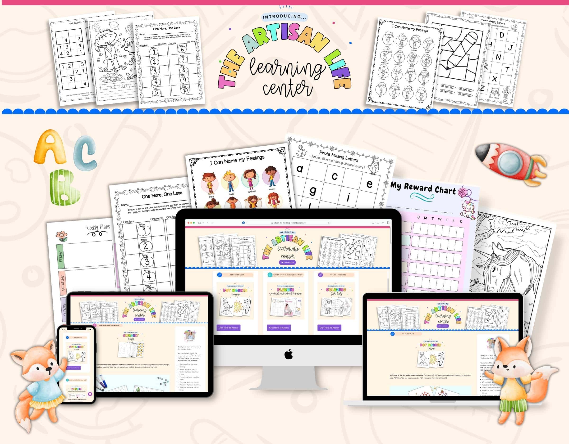 banner of text "introducing the learning center" with a preview of pages from inside a printable membership site