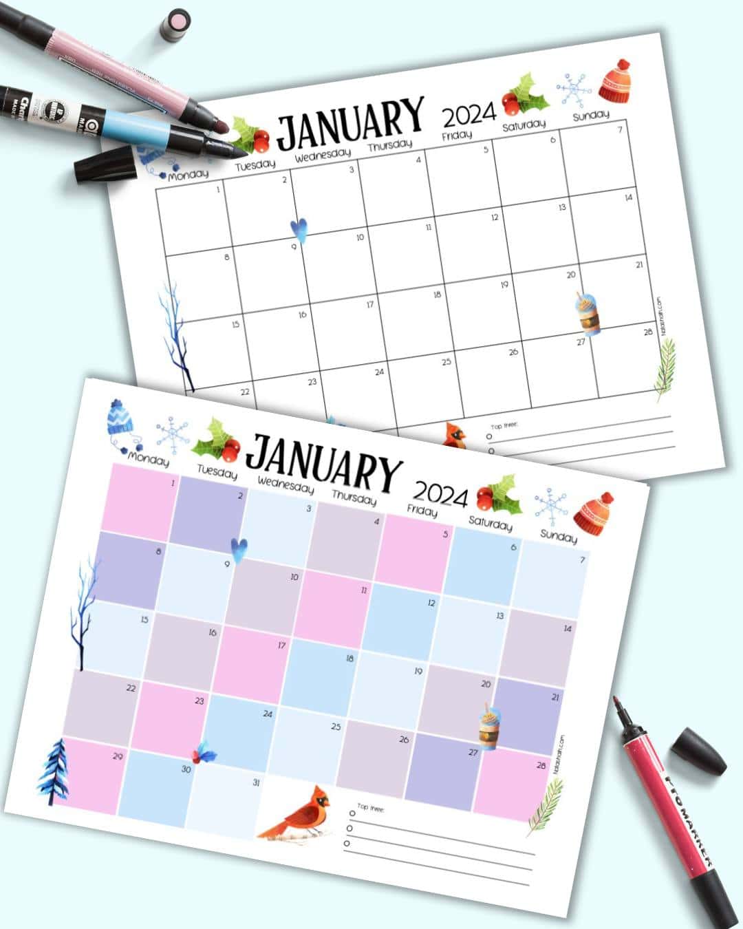 A preview of two printable January 2024 calendar pages with winter themed clip art