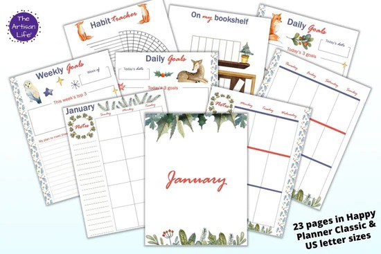 Text "23 pages in HPC and US letter sizes" with previews of January planner printable pages