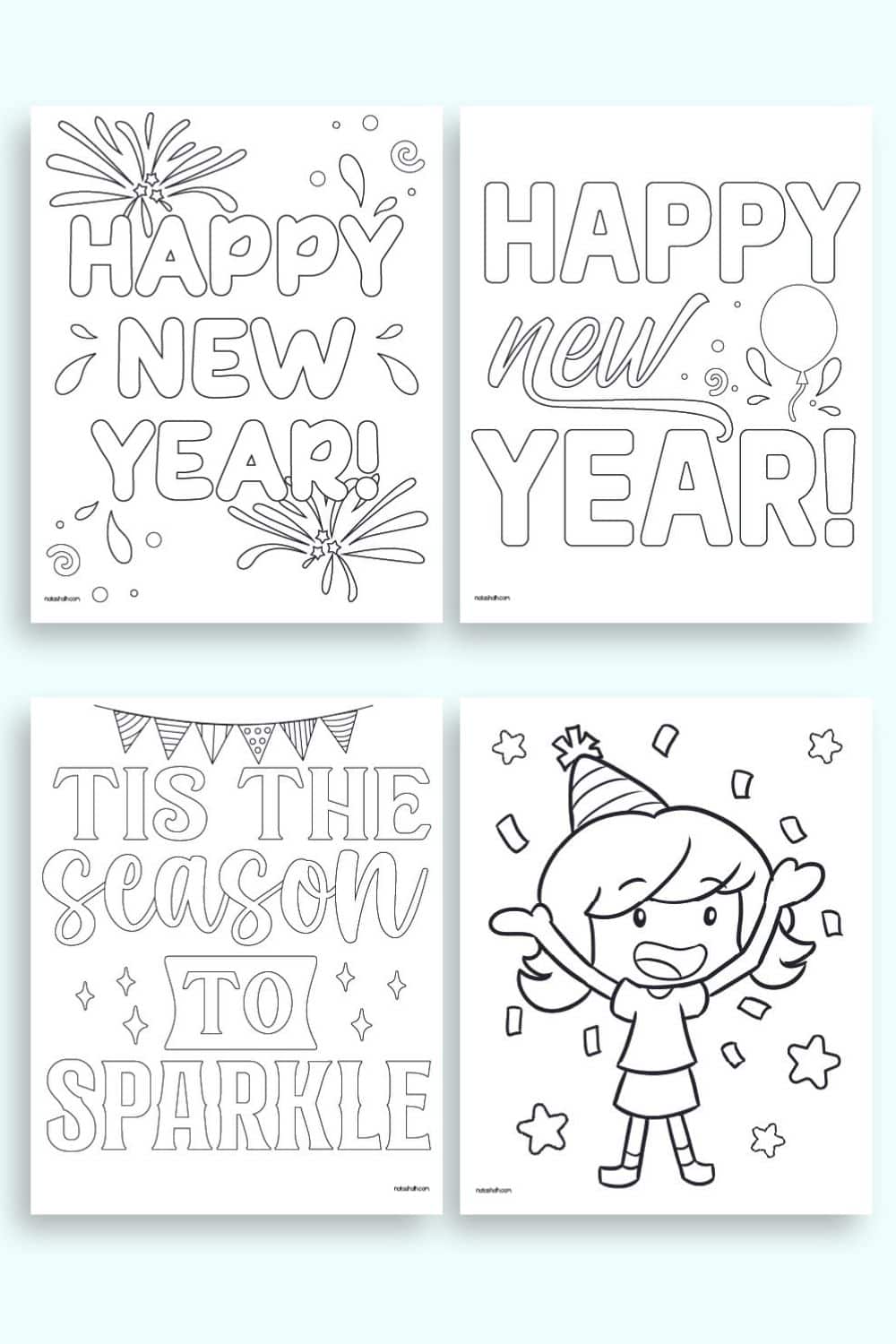 A preview of four New Year's Eve themed coloring pages for kids