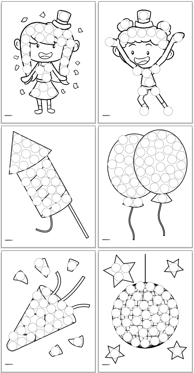 Six New Year's themed dot marker pages for kids. Images include: children celebrating, a firework, balloons, a party horn, and a disco ball